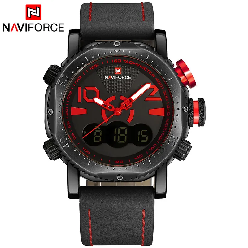 NAVIFORCE Брендовые мужские спортивные часы с двойным дисплеем цифровые кожаные