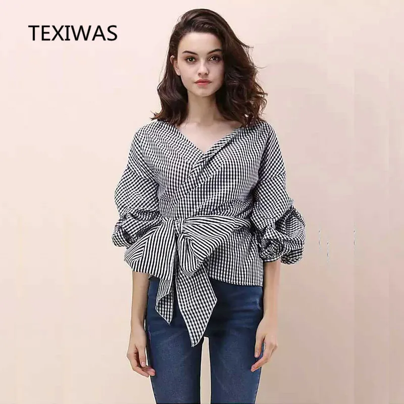 Женская блузка с рукавами пузырьками TEXIWAS Сексуальная рубашка v образным вырезом
