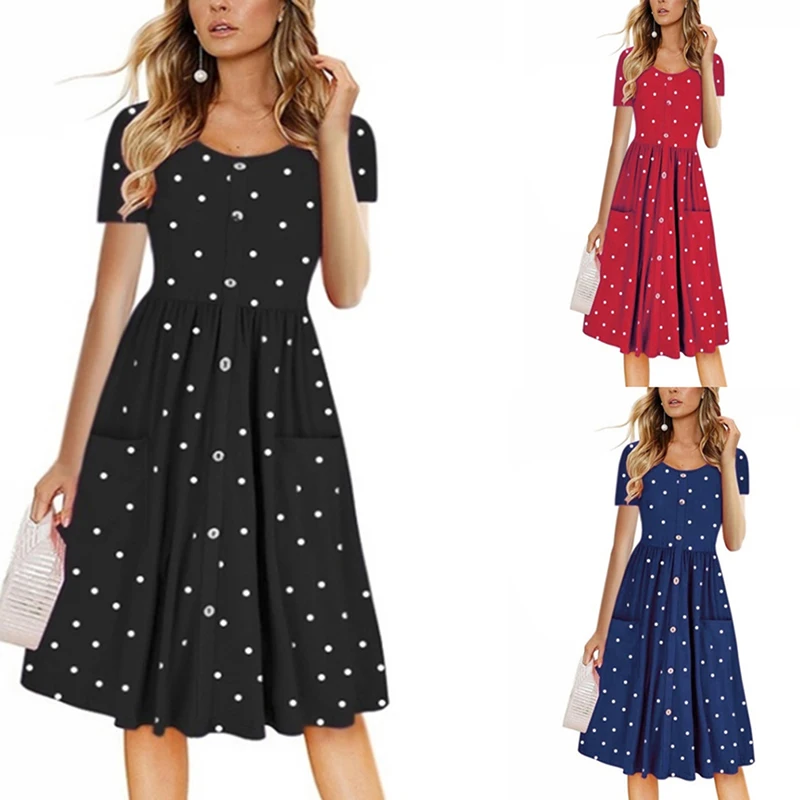 Летние платья с принтом для женщин круглый вырез пуговица талия карман платье