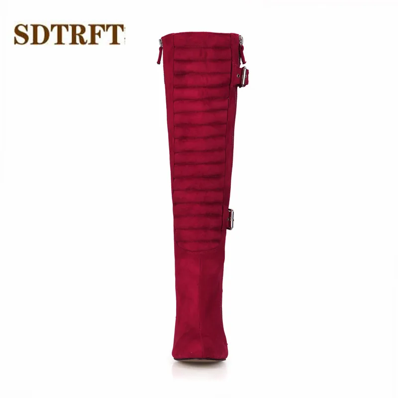 SDTRFT/туфли на шпильке 12 см; обувь из флока на тонком каблуке; мотоциклетные сапоги до колена; женские ботинки; туфли-лодочки с двойной молнией и пряжкой; большие размеры 35-42, 43
