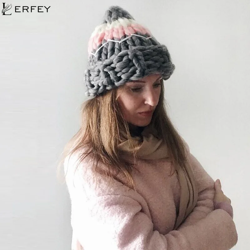 LERFEY теплые лоскутные шапки повседневные женские грубая вязаная шапка ручной