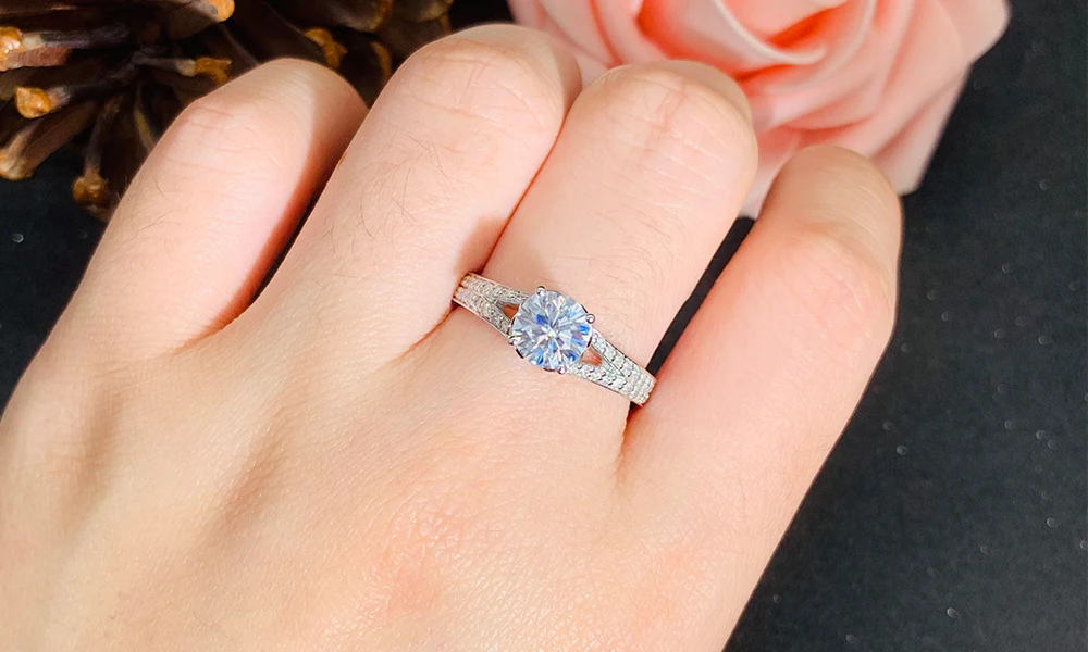 1CT муасаниты Твердые 14 K кольца из белого золота для женщин вечный проложить Сплит хвостовик искусственный бриллиант обручальное кольцо Annicersary кольцо