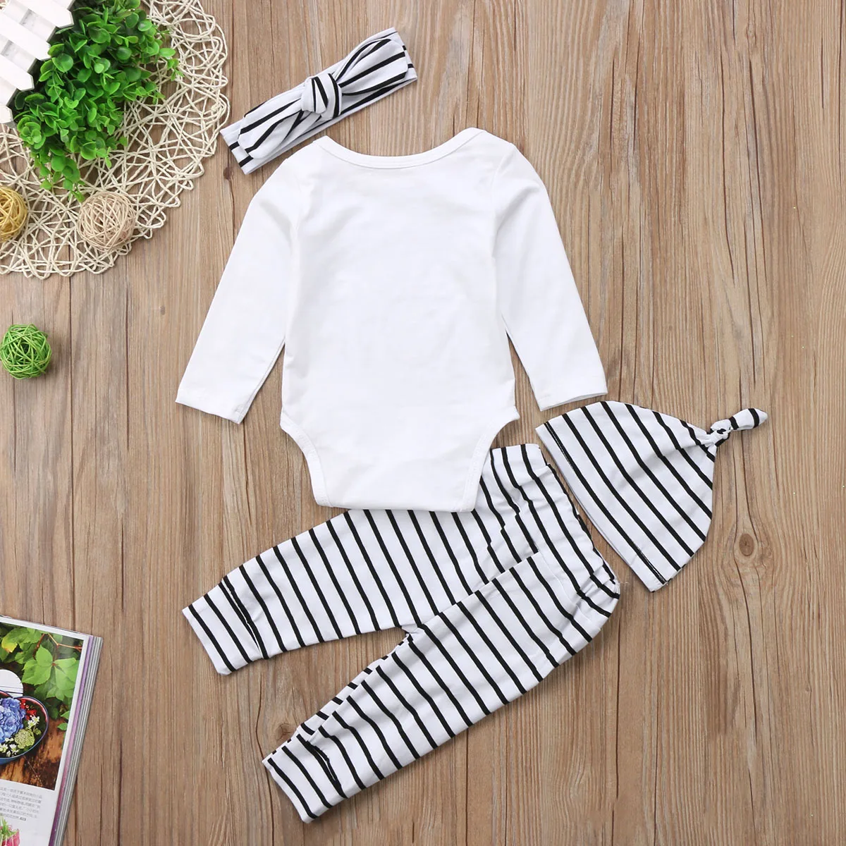 

4Pcs Newborn Baby Boy Girl Long Sleeve Letter Romper Tops Striped Pant Hat Headband Outfit Clothes 0-18M