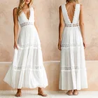 Женское кружевное платье макси, Элегантное летнее белое платье с глубоким V-образным вырезом и открытой спиной