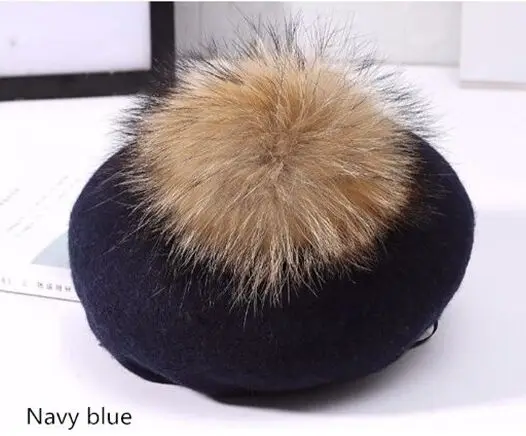 navy blue Зимние женские повседневные шерстяные береты, шапки, Толстая теплая шапка с помпоном из меха енота, вязаные кашемировые береты, шапки, зимняя шапка для девочек - Цвет: navy blue