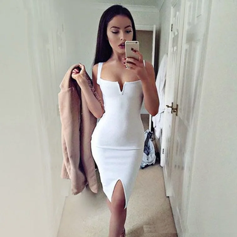 Платье повязка до колена без рукавов с открытой вилкой черного и белого