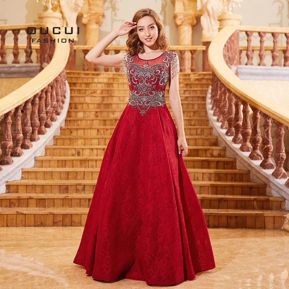 2019 Newest Red Ball Gown Lace Evening Dresses Cap Sleeve Tassel Beading Crysrtal Prom Dress Elegant Vestido Wear Party OL103291