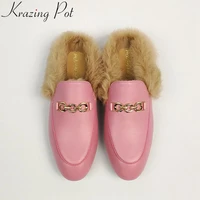 krazing pot 2022 genuine leather brand shoes slip on fur large size embroidery flat with outside slippers slingback winter shoes