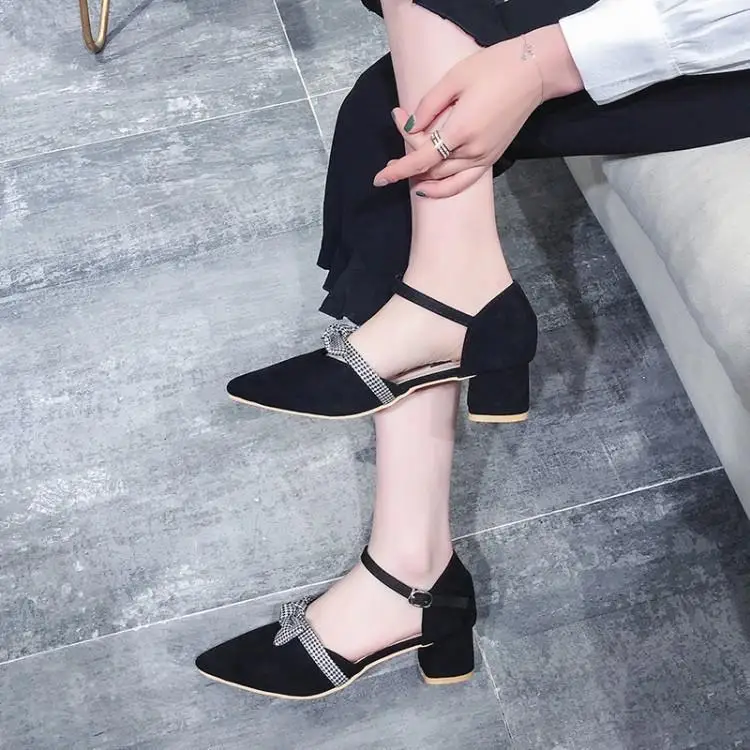 Black Beige Suede Women Sandals Pointed Toe Chunky Heels Gladiators Chic Plaid Bowtie Shoes Woman Cover Mary Janes Cheap | Обувь