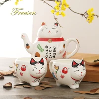 cute japanese lucky cat porcelain tea set creative maneki neko ceramic tea cup pot with strainer lovely plutus cat teapot mug
