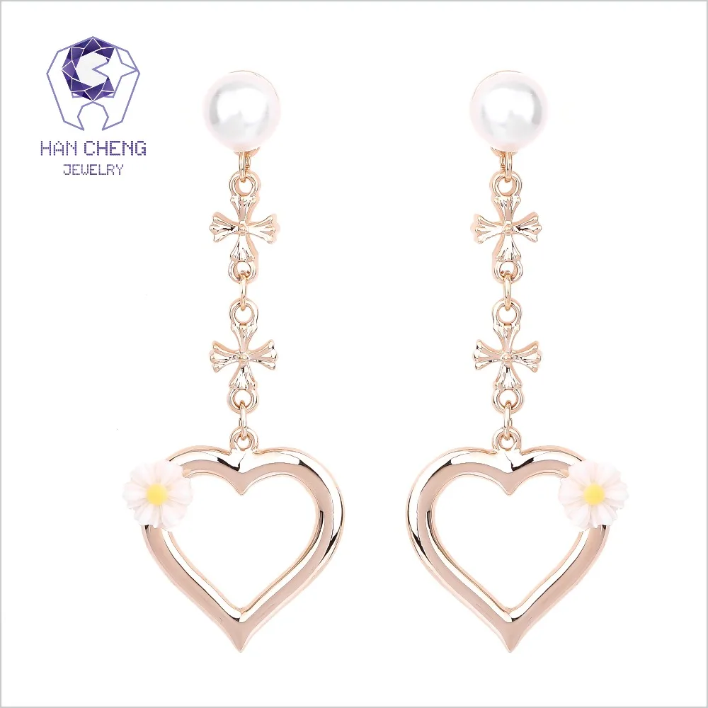 HanCheng Новый Модный золотой длинный висячий цветок из смолы с жемчугом и сердцем
