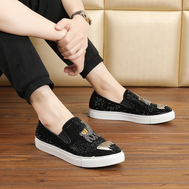 Luxury brand Animal Prints designer deer embroidery Rhinestone Men Loafers Fashion Male Nightclub Party shoes zapatos de novio | Обувь