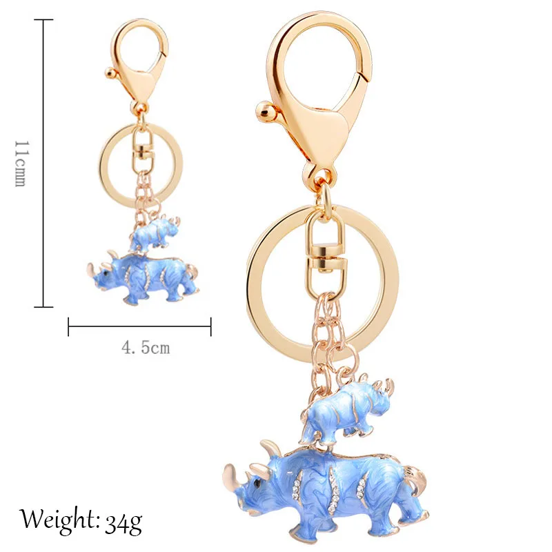 

RE New crystal double rhinoceros novelty animal keychain purse bag buckle handbag pendant for car keyring holder women R45