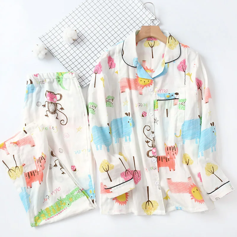 

100% Cotton Gauze Lactation Breastfeeding Clothing Maternity Long Sleeve Thin Pajamas Turn-down Collar Pijama Women Pyjamas Set