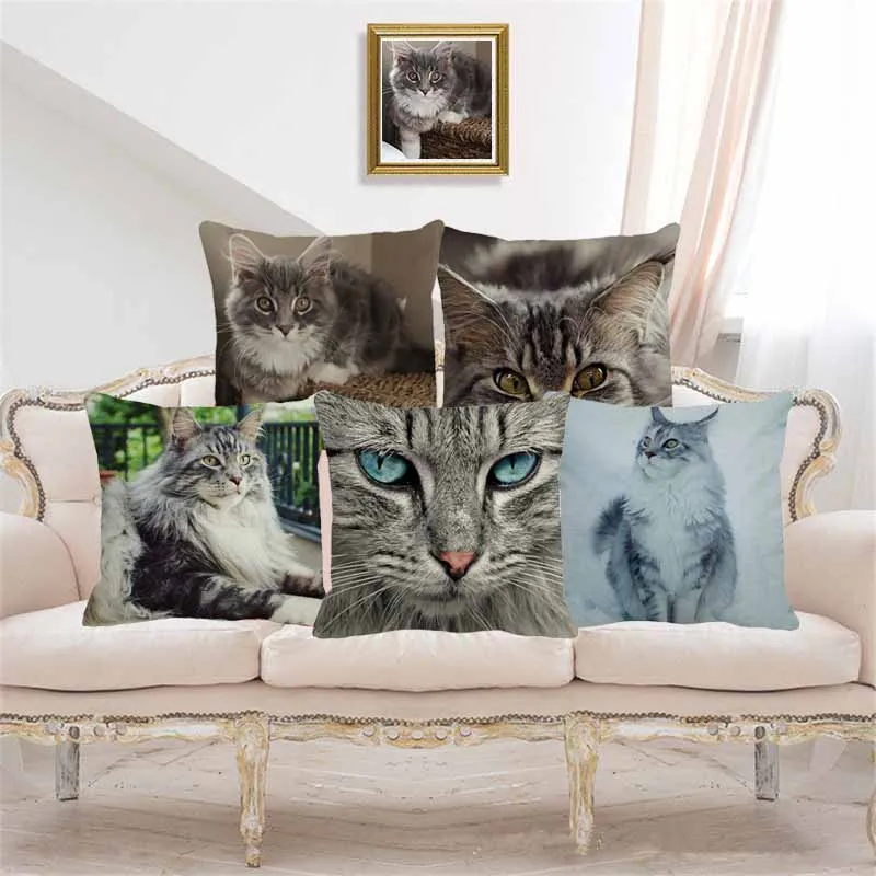 

Наволочка льняная с рисунком кошки Мейн, 45x45 см, D0042
