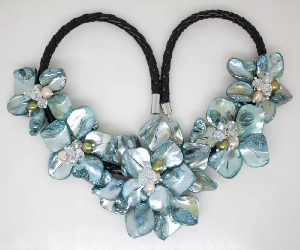 

2019 NEW blue mother of pearl shell handmade pearl crystal& five flowers necklace 20inches