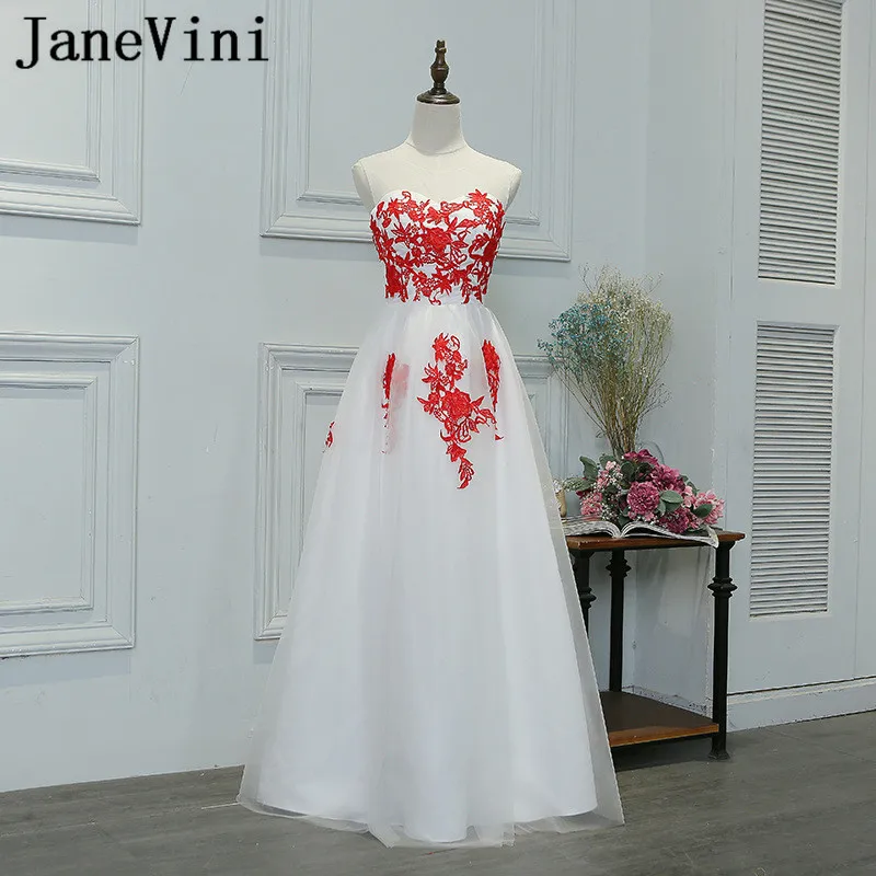 

JaneVini Tulle Red Lace Applique Long Bridesmaid Dress 2018 A Line Sheer Scoop Neck Floor Length Wedding Party Dresses for Women