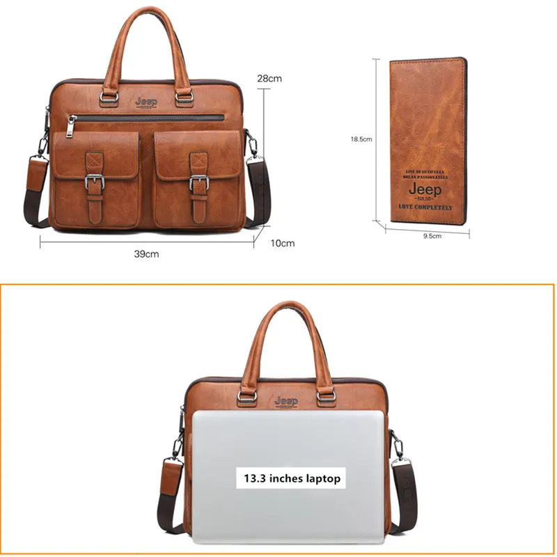 jeep buluo men briefcase bag for 133 inch laptop business bags 2pcs set handbags high quality leather office shoulder bags tote free global shipping