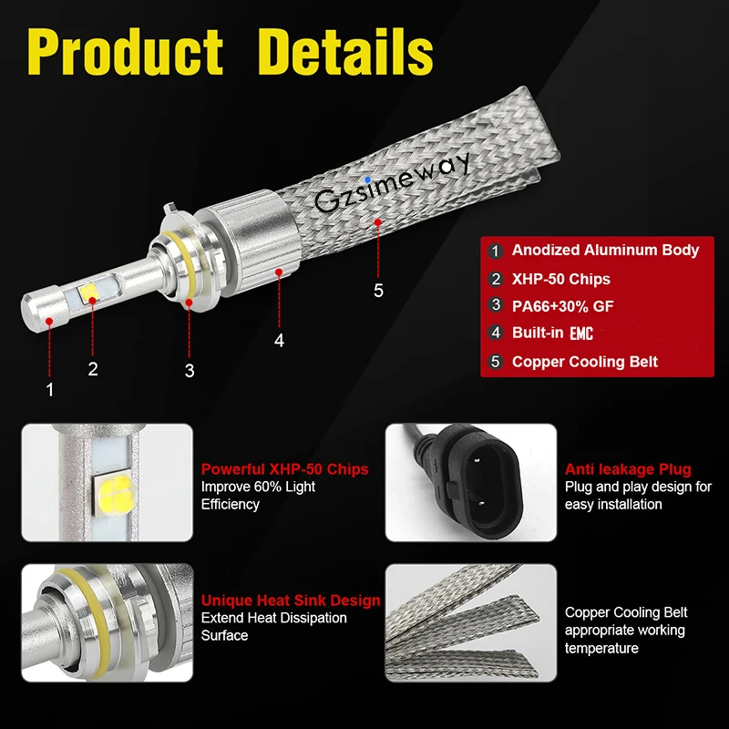 Светодиодные лампы для фар Gzsimeway H11 H8 led 4300K 880 лм H1 H3 9006 H7 H13 h4 bi XHP50 6000 HB3 K Auto D2S D1S D3S