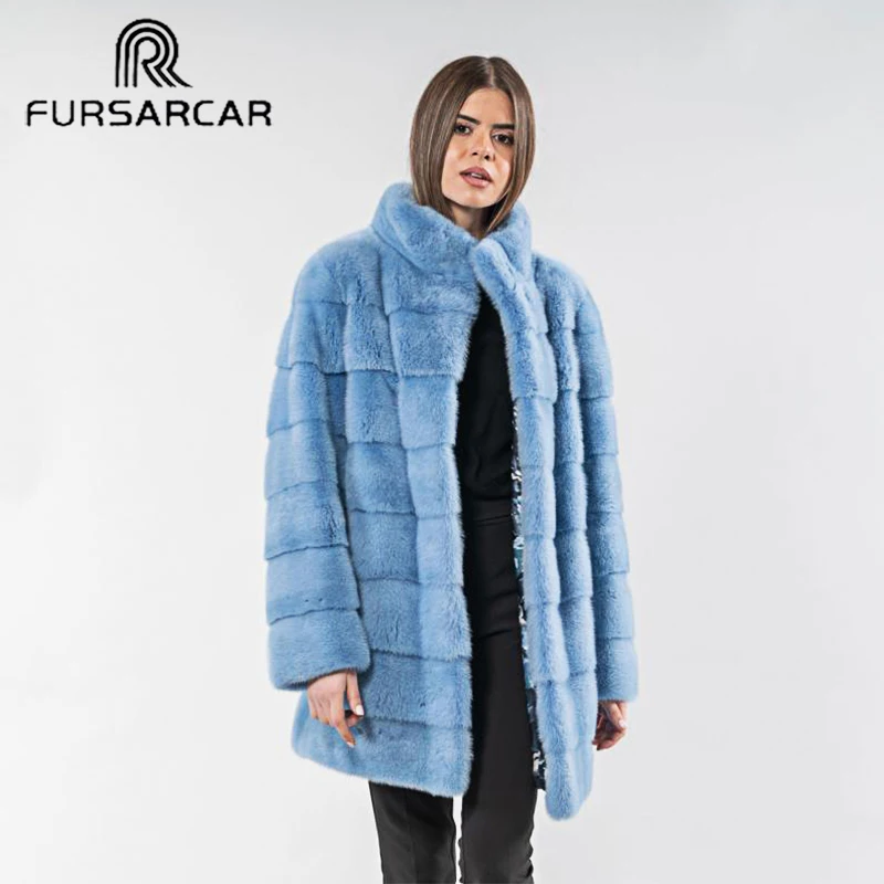 Шуба FURSARCAR женская из синего меха норки роскошная модная зимняя шуба