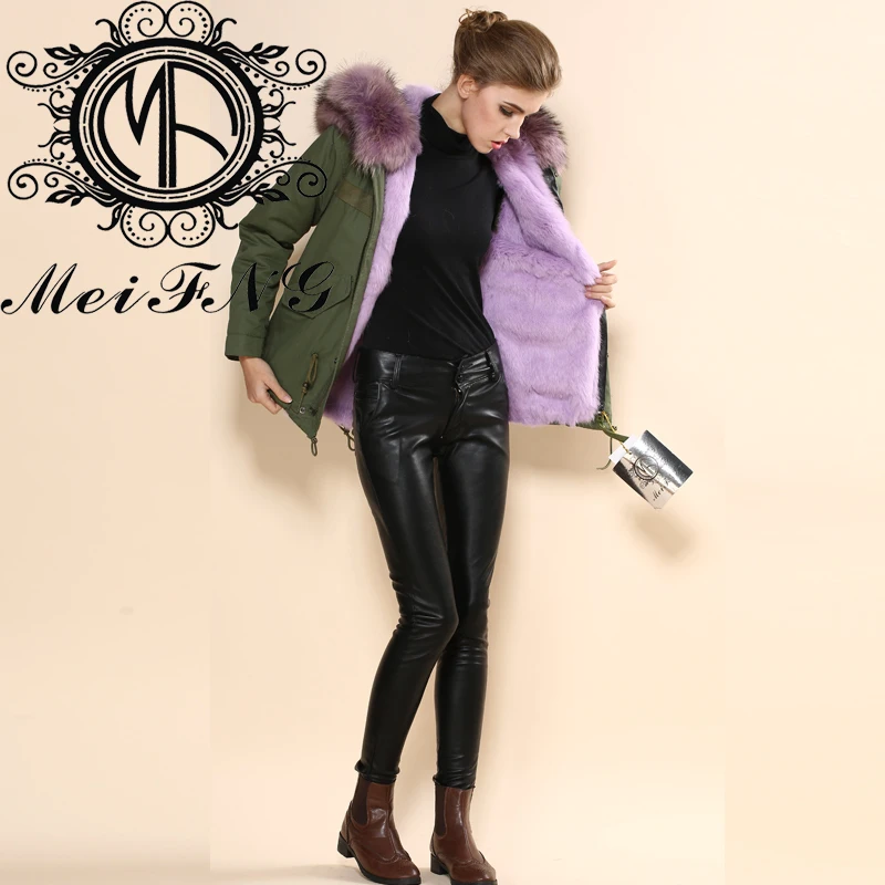 

Purple real raccoon hooded fur coat fishtail parka for woman cotton parka