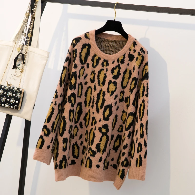 HAMALIEL Runway Designer Plus Size Knitted Sweater And Pullovers Fashion Thick Leopard Print Loose Tops Casual Oversize Jumper | Женская