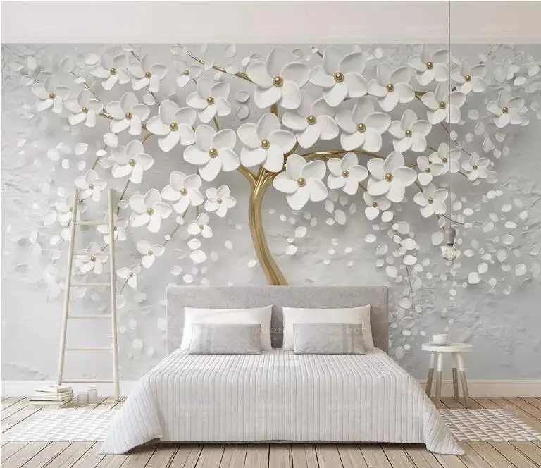 

Custom Any Size Murals Wallpaper 3D Stereo White Flowers Wall Painting Living Room TV Sofa Bedroom Backdrop Wall Papel De Parede