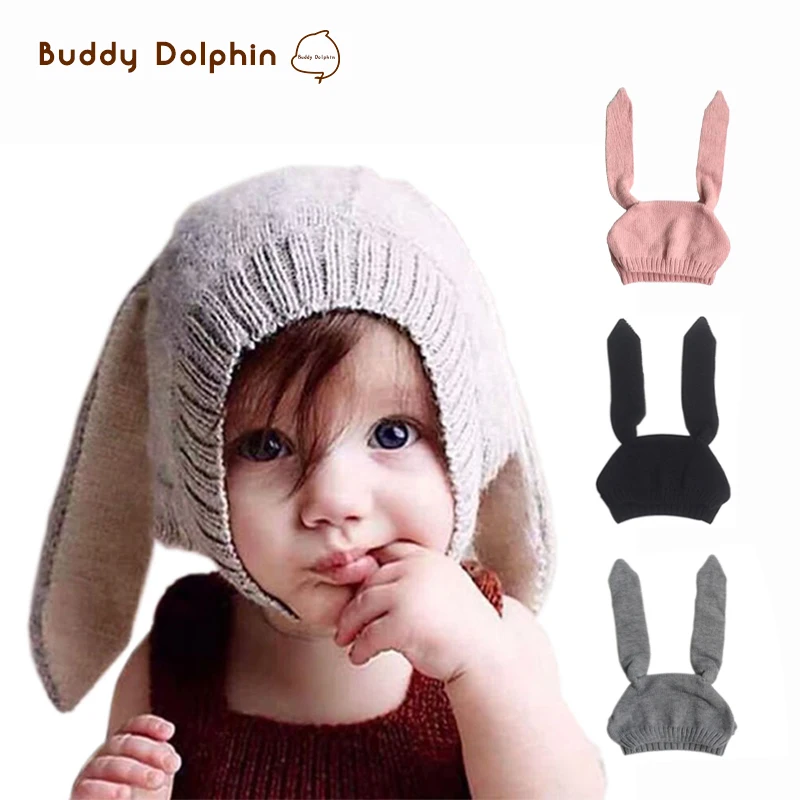 New Cotton Baby Cute Rabbit Ear Knitted Crochet Hats Toddler Winter Warm Beanie Caps Boy Girls Solid Color Hat For 0-3Y Old . | Детская
