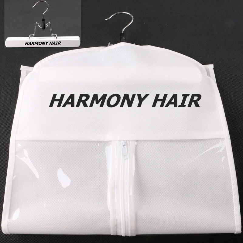 100 Sets White/Black/Pink Hair Extension Package with LOGO, Non-woven Fabrics Zipper Bag and Wooden Hanger enlarge