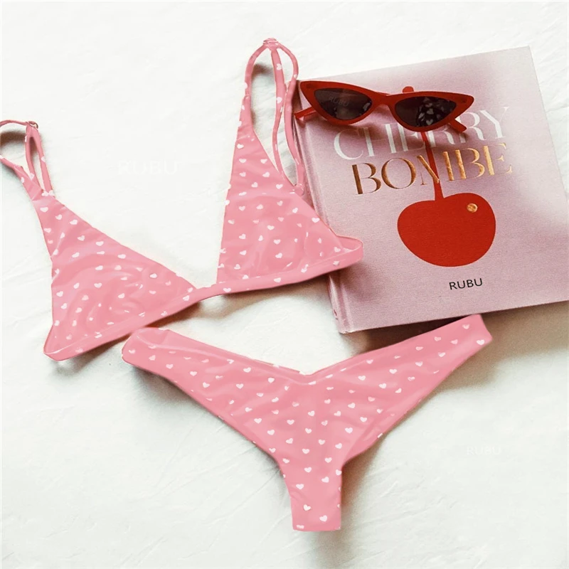 Бикини женский сексуальный купальник 2019 милое бикини с принтом сердечек лямкой