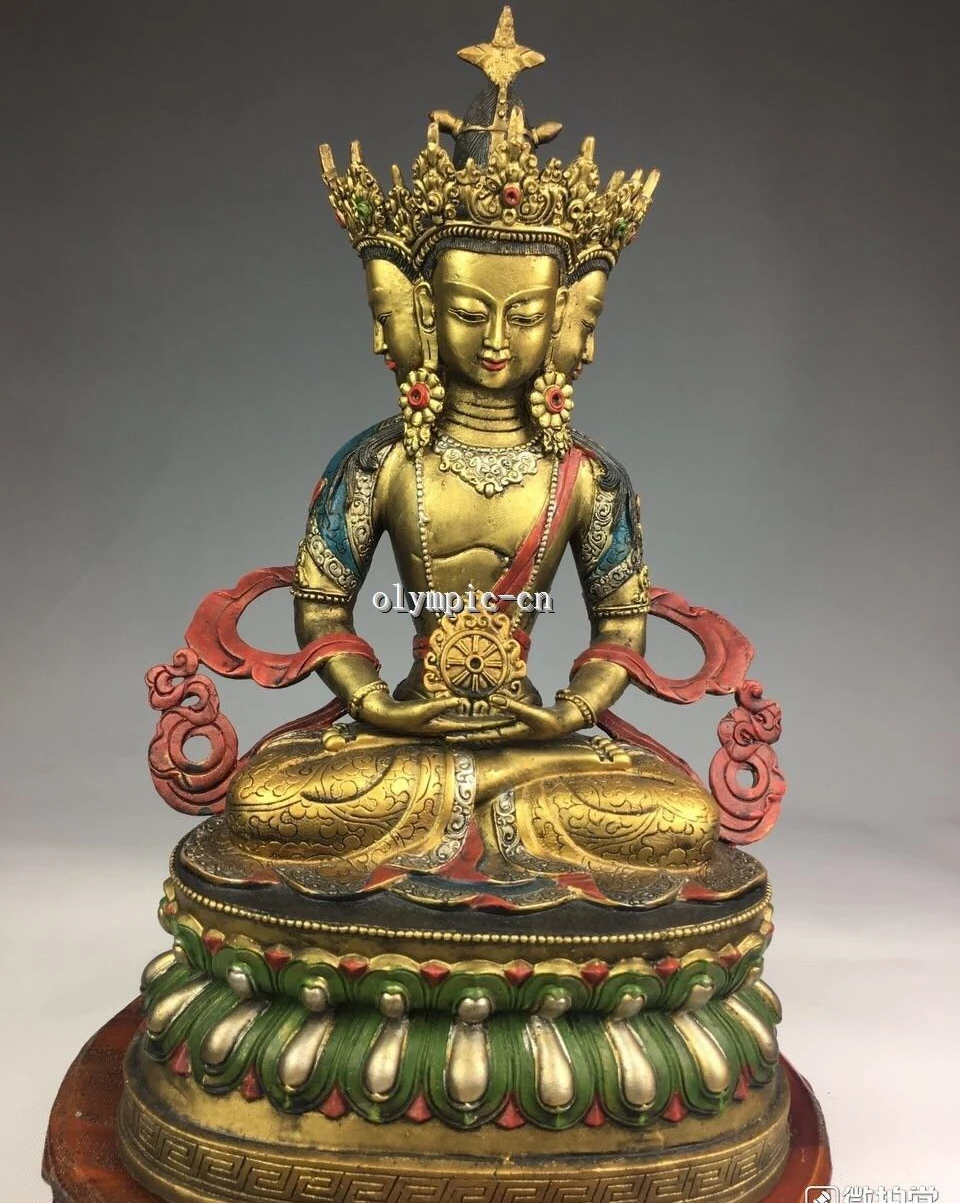 

14'' Bronze gild Painting carved Lotus base three head Avaloktesvara Bodhisattva