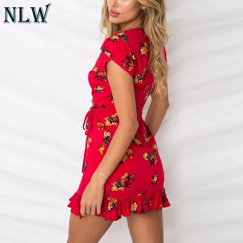 NLW Boho цветочное красное мини накидка сексуальное платье с v образным вырезом и