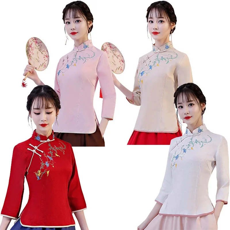 

Новое поступление, традиционные китайские топы с воротником-стойкой Shanghai Story, комбинированные Льняные китайские блузки, китайская рубашка-...