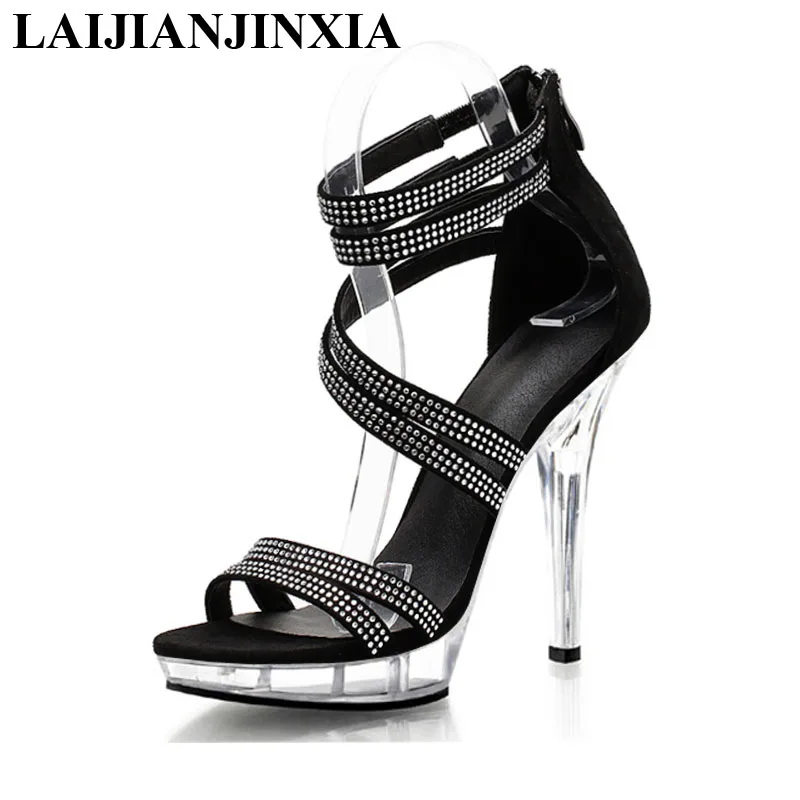 

LAIJIANJINXIA новые сандалии с ремешком на щиколотке с кристаллами 13 см пикантные модные женские туфли на очень высоком каблуке на платформе, обувь для танцев на шесте