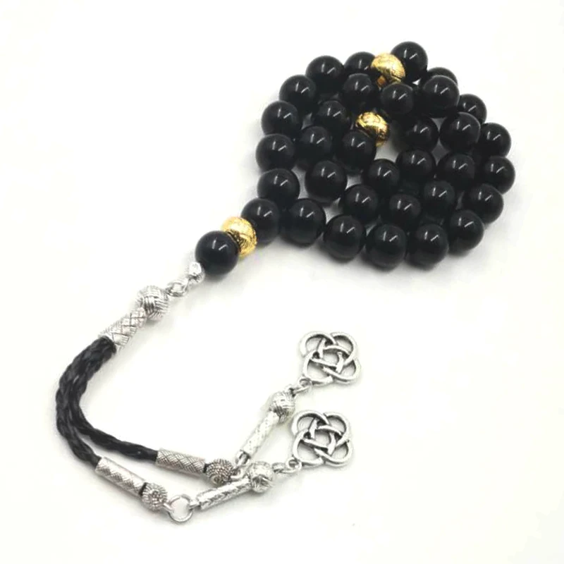 Натуральные Onxy 33 66 99 Бусы Tasbih мужские черные Агаты с золотыми распорными бусинами