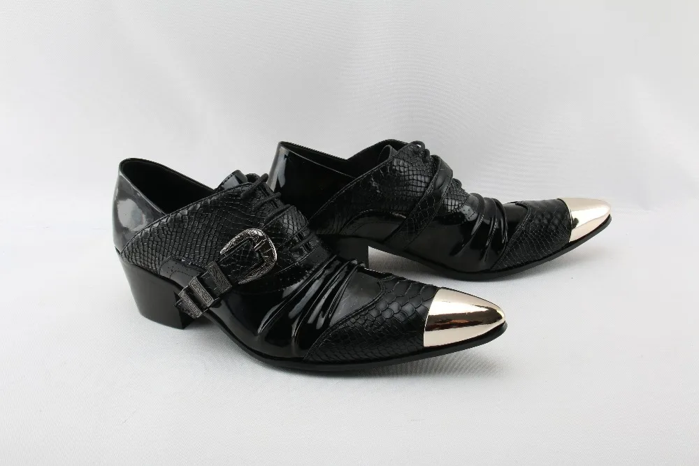 Mens pointed toe dress shoes black white color crocodile skin men leather iron formal wedding spiked loafers | Обувь