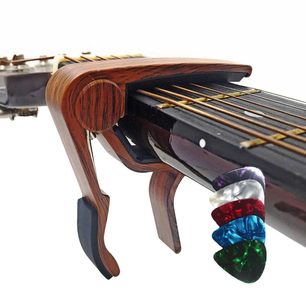 

2pcs Ukulele Basses Banjo Acoustic Classic Electric Folk Guitar Capo Trigger Clamp Wood Grain Brown with 10 Assorted Picks set