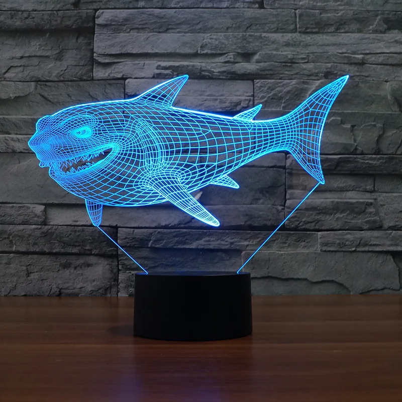 Акула LED стерео окружающий 3D ночник лампа 7 видов цветов USB голограмма Декор