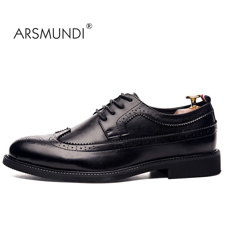 ARSMUNDI Men Dress Shoes Brogue Genuine Leather Black Fashion Business 2017 Lace Up Casual 92-9A216 | Обувь