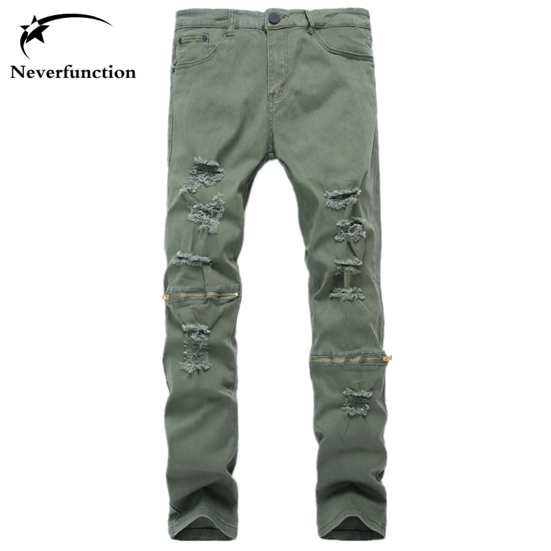 

Knee zipper Ripped Men Jeans Biker Distressed Jeans Skinny Punk Denim Trousers Men's Green gray 6color Jeans Men plus size 42