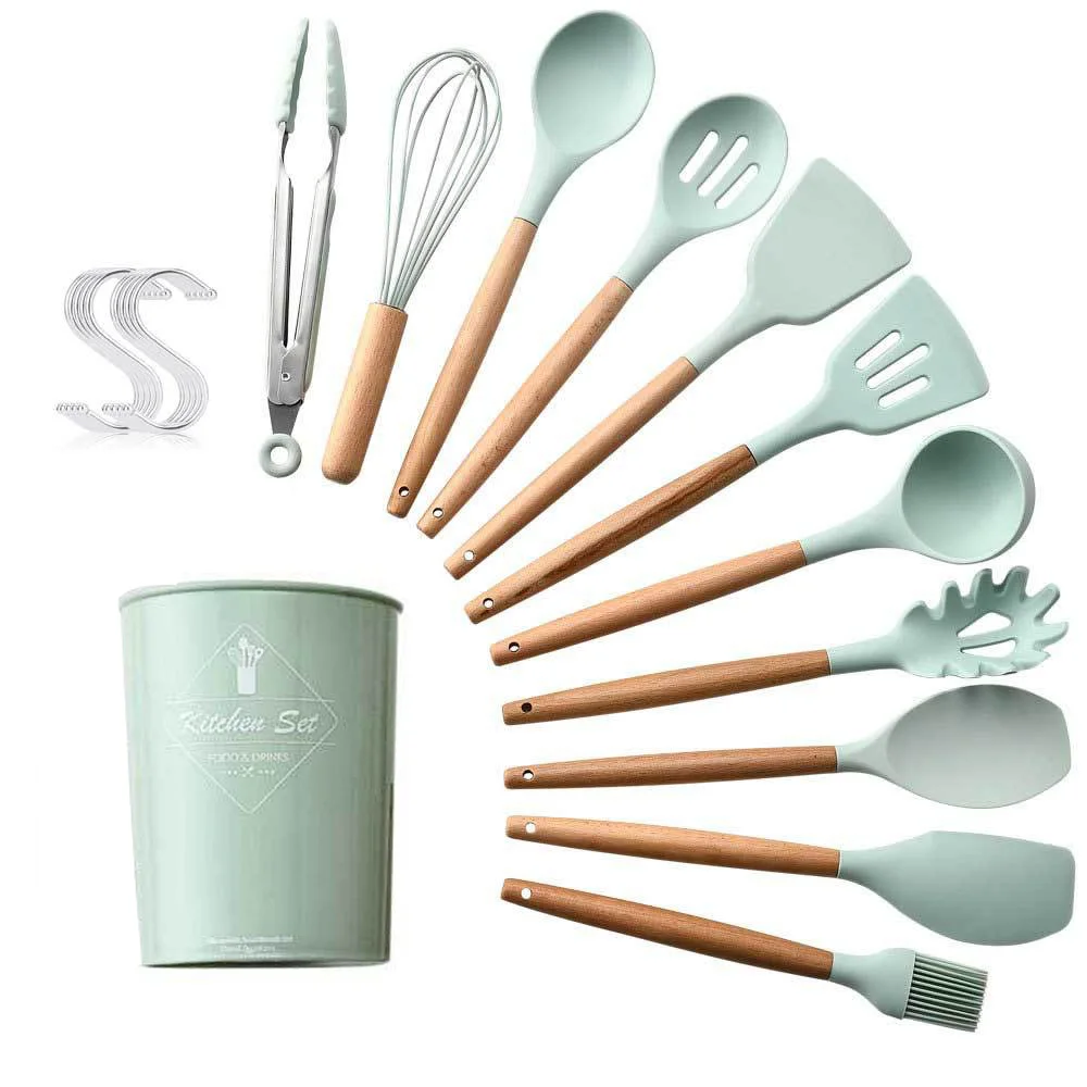 GREEN - 13 PCS 13pcs Cooking Tools Set Premium Silicone Kitchen Cooking Utensils Set With Storage Box Turner Tongs Spatula Spoon Turner - Цвет: GREEN - 13 PCS