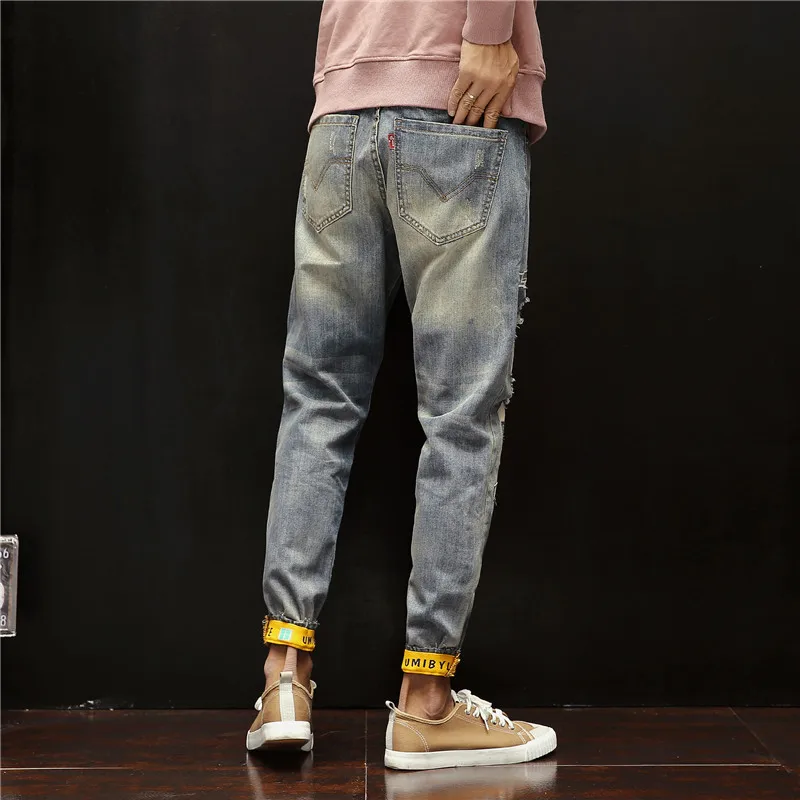 Мужские джинсы с дырками повседневные облегающие заплатками эластичные брюки