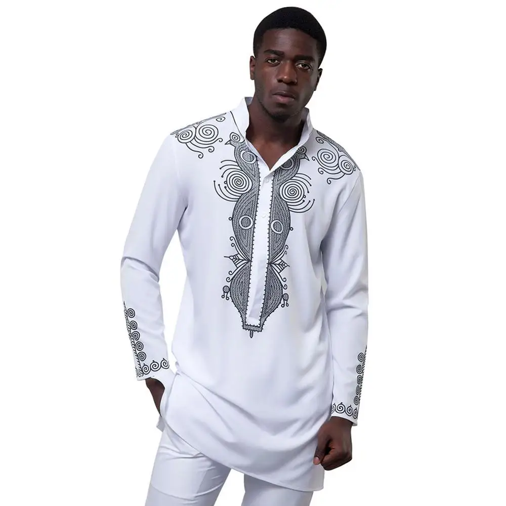 White Opslea Dashiki африканская Мужская рубашка с длинным рукавом и стоячим воротником Bazin Riche с национальным этническим принтом Одежда Повседневная приталенная рубашка - Цвет: White