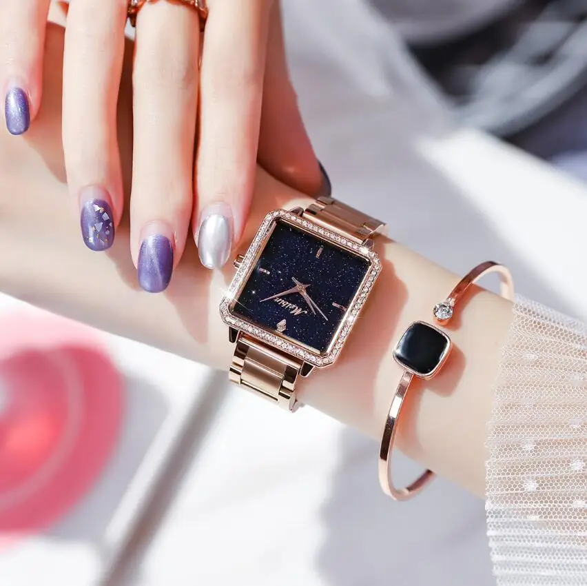 Rose Gold Бренд MEIBIN, звездное небо, австрийские стразы, водонепроницаемые женские часы, квадратные стальные женские часы с ремешком, reloj mujer zegarek damski - Цвет: Rose Gold