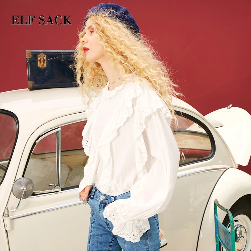 ELFSACK Autumn New Fashion Woman Shirts Cotton Solid Casual Women Shirt O Neck Ruffles Streetwear Ins Girl Female Cloth|Рубашки| |