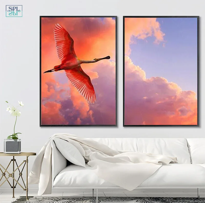 

SPLSPL Unframed Hand Drawn Flamingo Nordic Style Flying Birds Scenery Decoration Canvas Art Oil Painting Hd Print Wall Picture