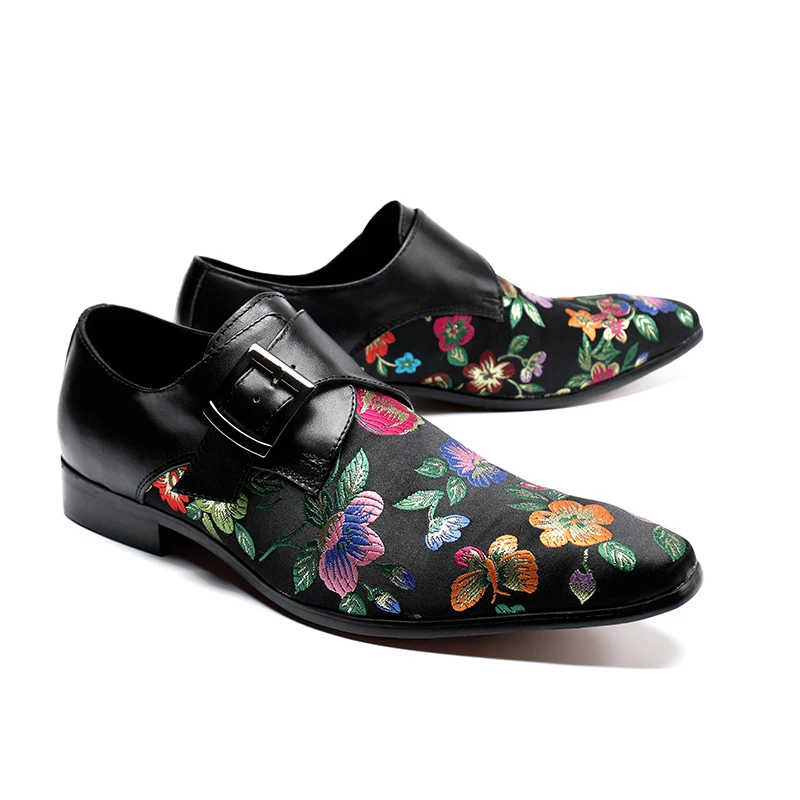 2018 Flower Print Red Black Buckle Design Men Leisure Shoes Pointed Toe Slip On Spring Autumn Casual Party Wedding Zapatos | Обувь