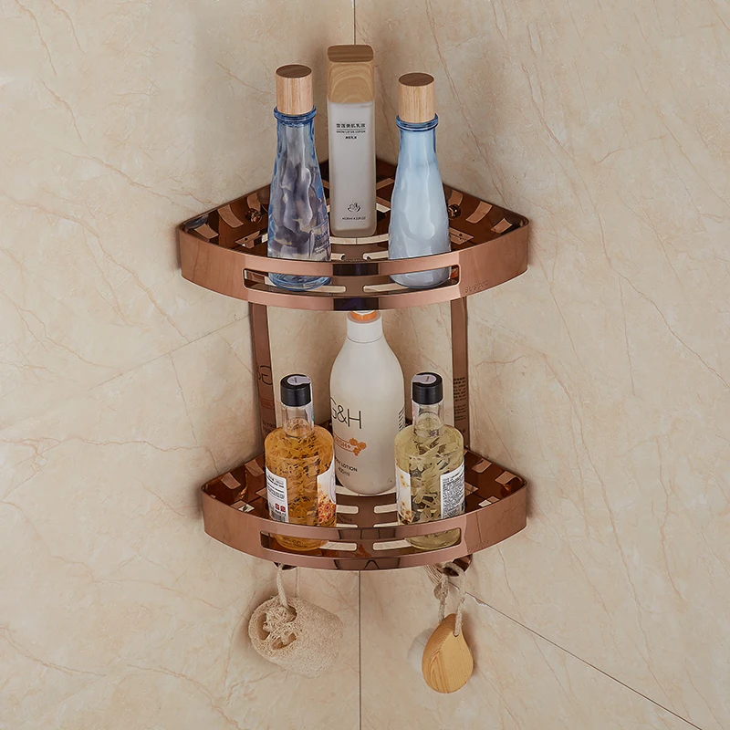 Triangle Bathroom Shelves Double Layer Stainless Steel Rose Gold Corner Shower Shampoo Cosmetic Storage Shelf Products | Обустройство