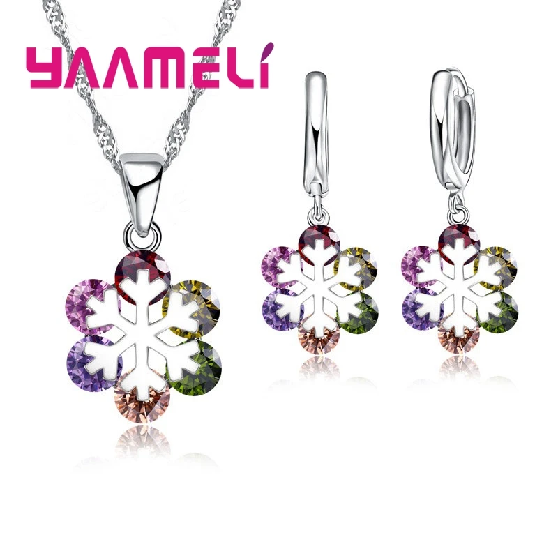 

Elegant 925 Sterling Silver Colorful Flower Shape Pendant Necklace Earrings Suit For Women Girls Wedding Engagement Anniversary
