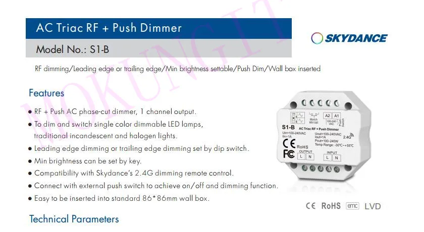 1CH* 1A RF+ Push AC фазовый диммер S1-B контроллер светодиодный симисторный диммер контроллер 2,4 ГГц RF беспроводной пульт дистанционного управления 1A кнопочный диммер